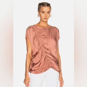 Raquel Allegra Bateau Dusky Petal Asymmetric Gathered Boxy Short Sleeve Blouse S